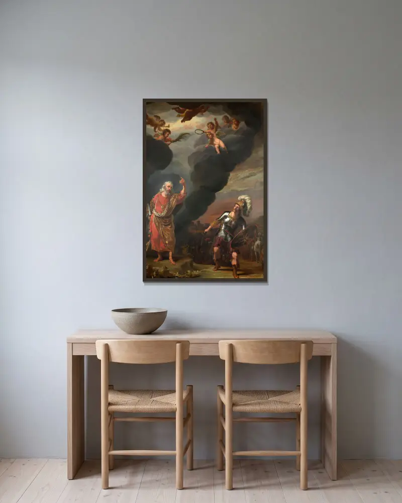 Guds härs kapten visar sig för Josua av Ferdinand Bol inramad på en vägg