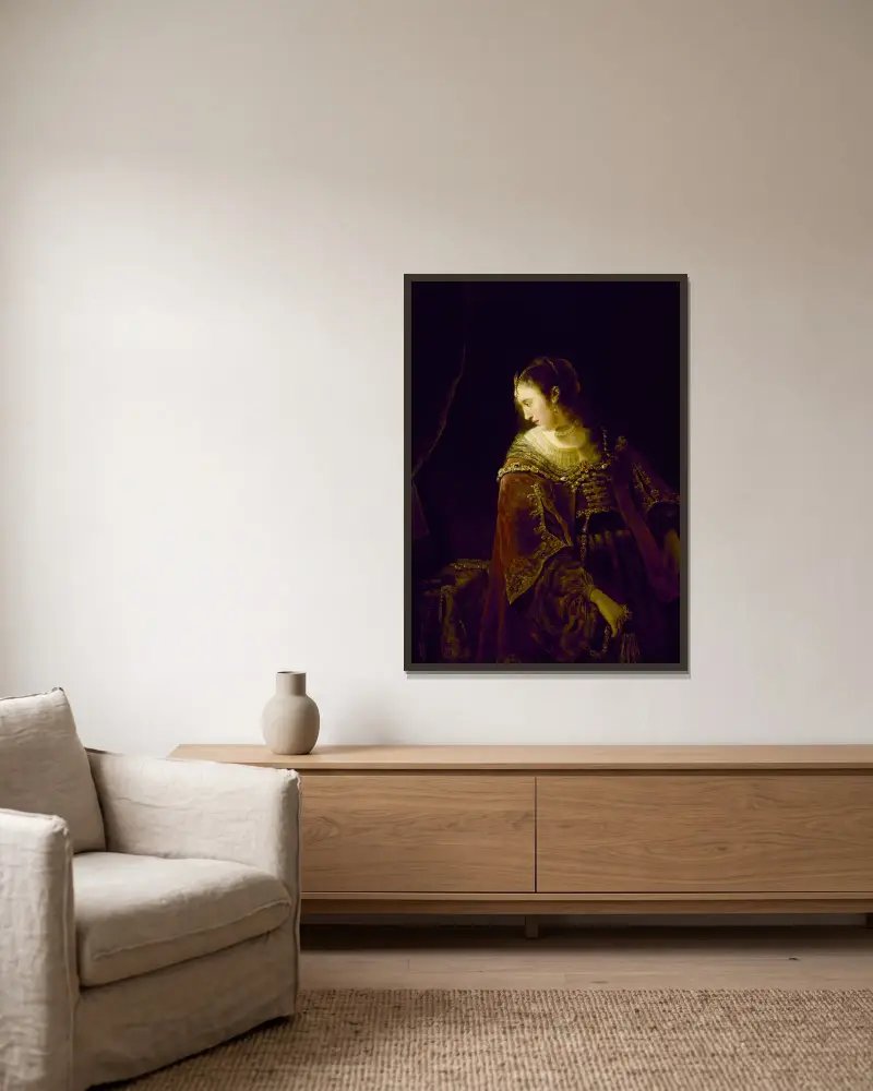Frau am Frisiertisch von Ferdinand Bol gerahmt an einer Wand