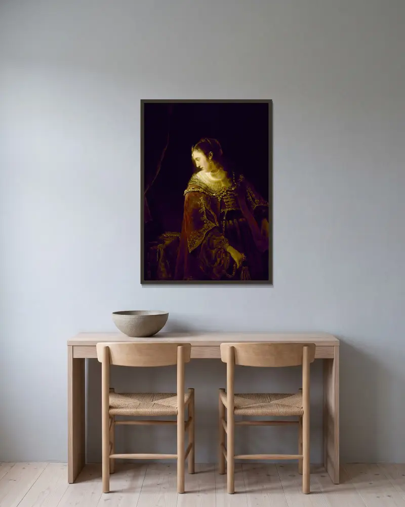 Frau am Frisiertisch von Ferdinand Bol gerahmt an einer Wand