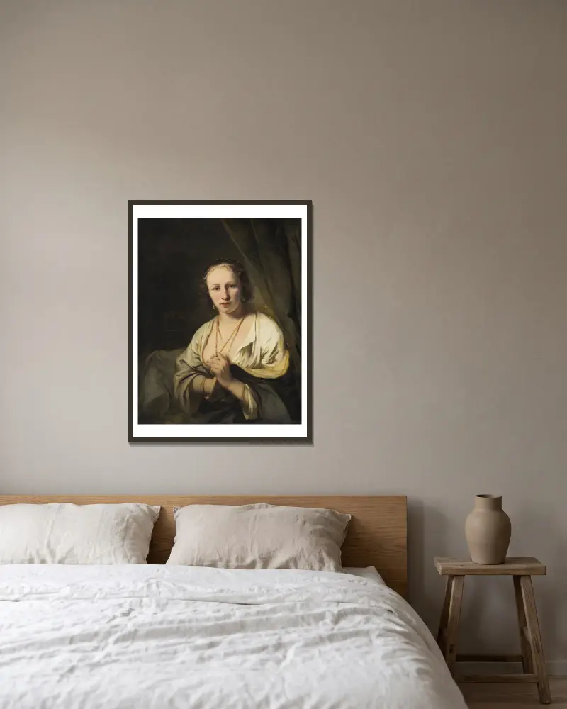 Kvinna med pärlor i håret av Ferdinand Bol inramad på en vägg