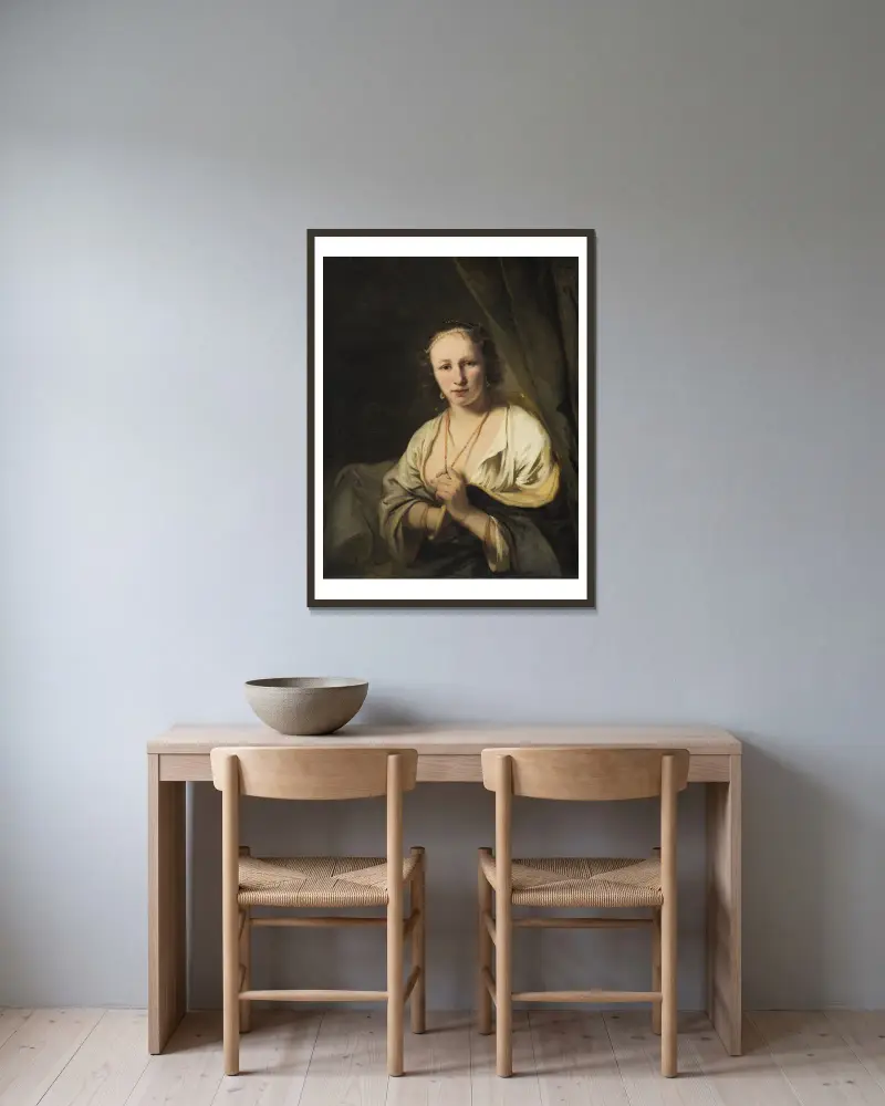 Kvinna med pärlor i håret av Ferdinand Bol inramad på en vägg