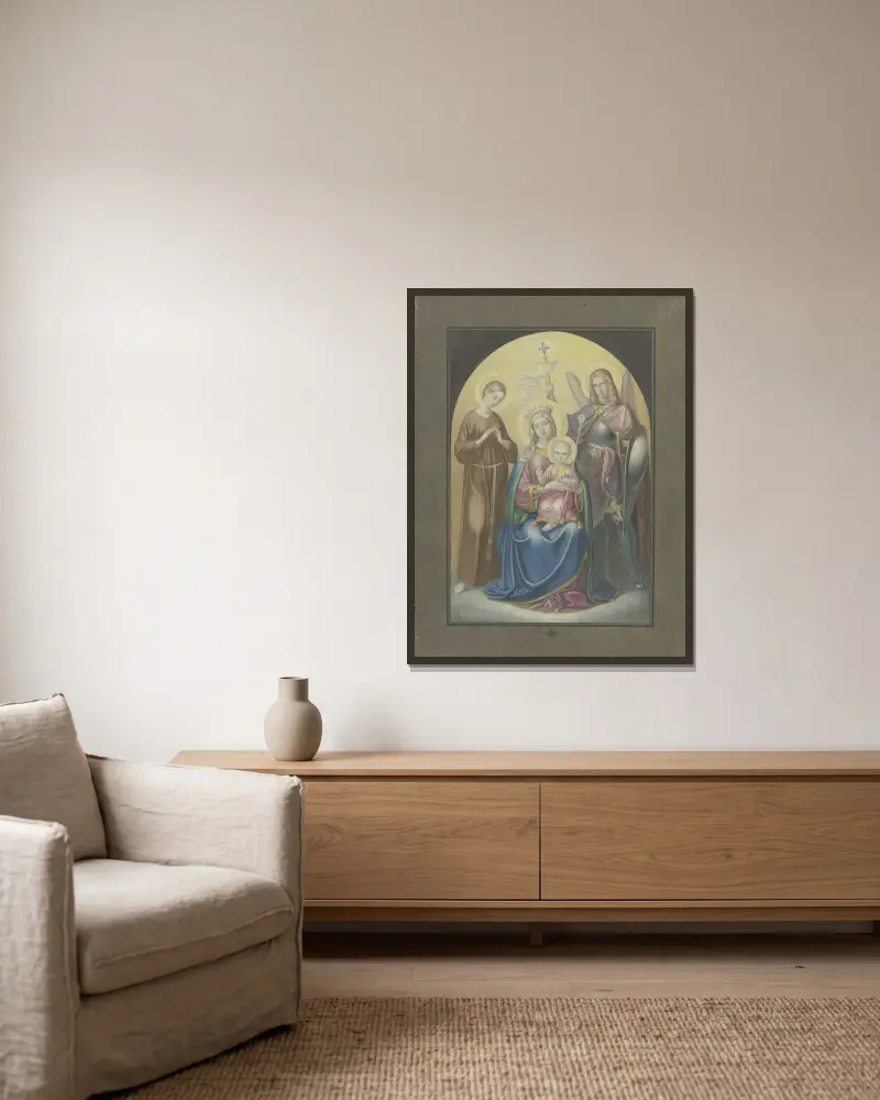 Madonna mit dem Heiligen Michael und der Heiligen Euphrosina von Ferdinand Fellner gerahmt an einer Wand