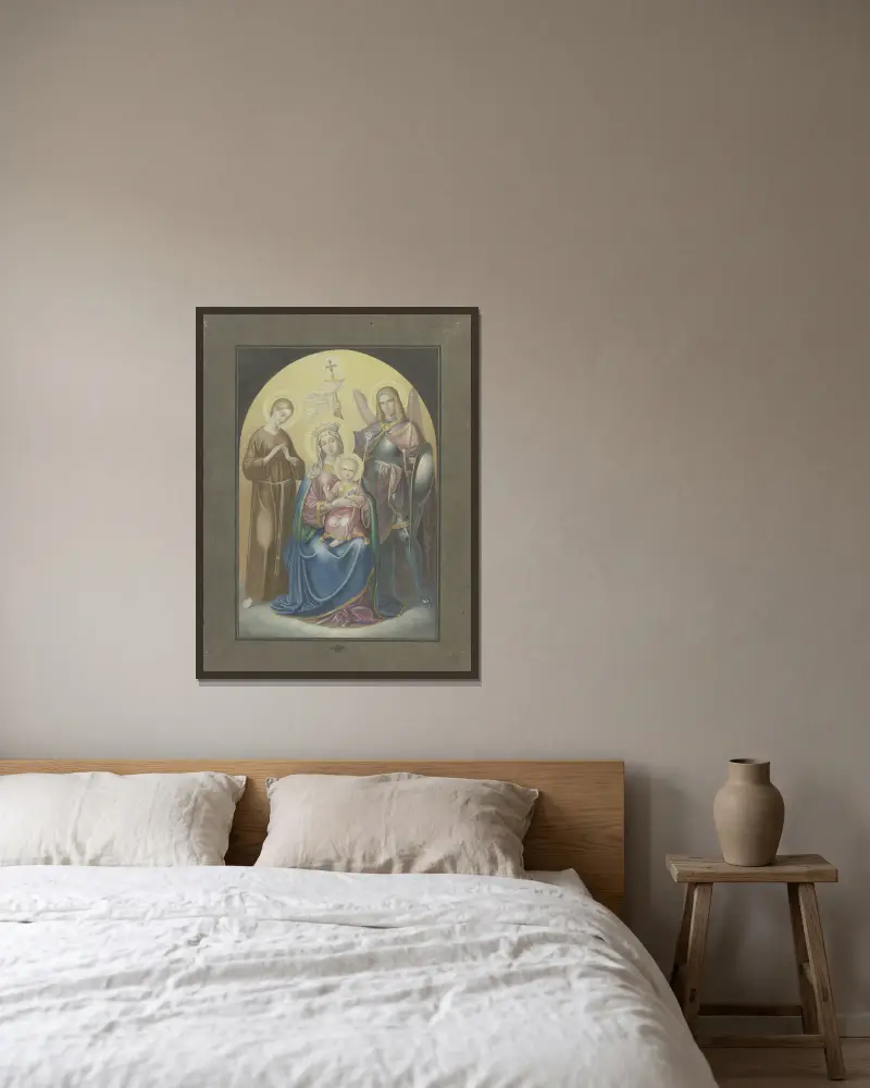 Madonna mit dem Heiligen Michael und der Heiligen Euphrosina von Ferdinand Fellner gerahmt an einer Wand