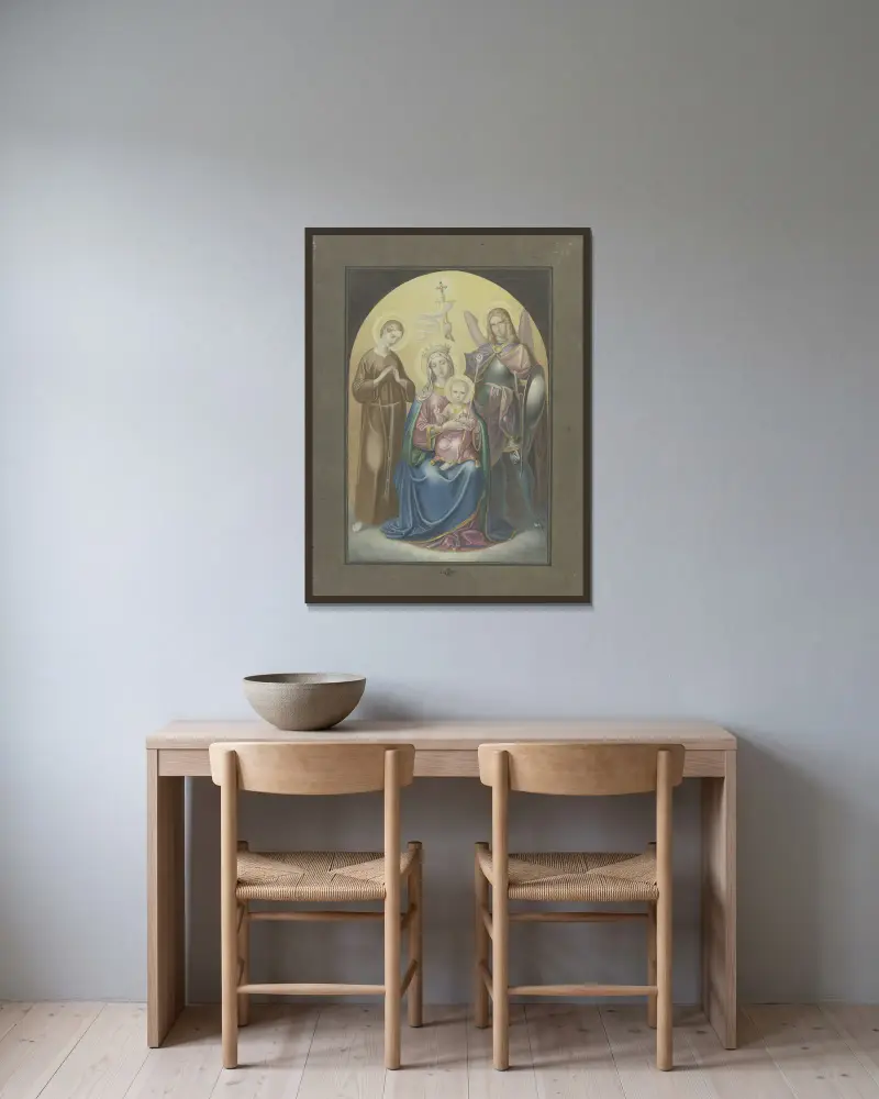 Madonna mit dem Heiligen Michael und der Heiligen Euphrosina von Ferdinand Fellner gerahmt an einer Wand