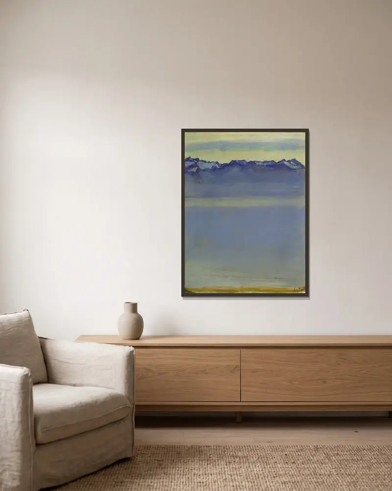 Der Genfersee mit den Savoyer Alpen von Ferdinand Hodler gerahmt an einer Wand