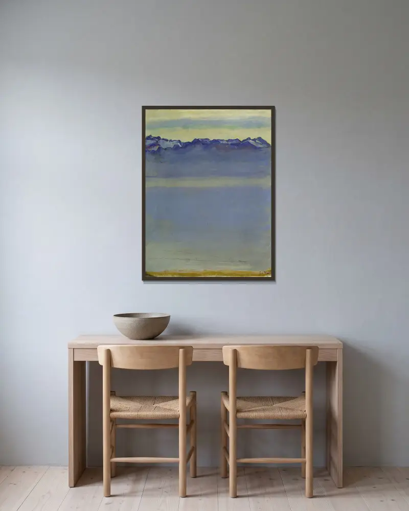 Der Genfersee mit den Savoyer Alpen von Ferdinand Hodler gerahmt an einer Wand