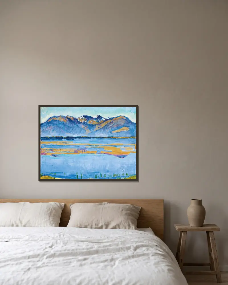 Montanalandskap med Becs de Bosson och Vallon de Réchy av Ferdinand Hodler inramad på en vägg