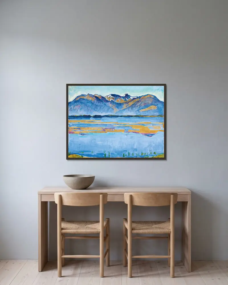 Montanalandskap med Becs de Bosson och Vallon de Réchy av Ferdinand Hodler inramad på en vägg