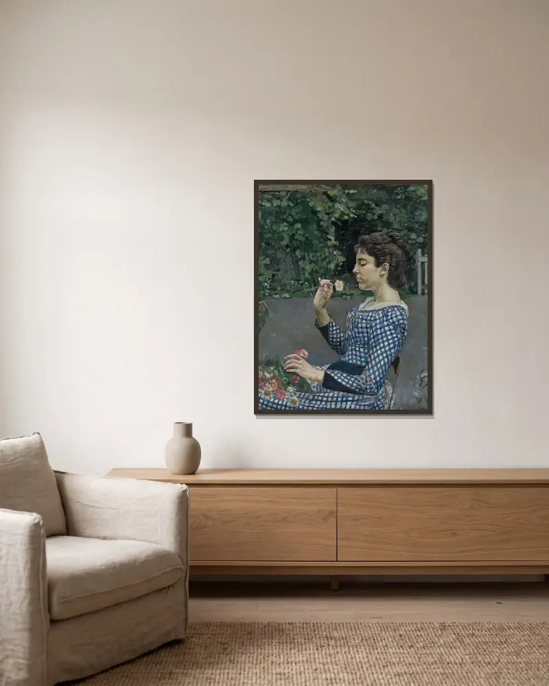 Porträtt av Hélène Weiglé av Ferdinand Hodler inramad på en vägg