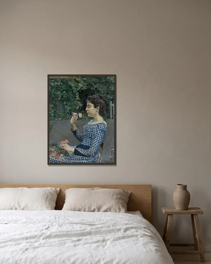 Porträtt av Hélène Weiglé av Ferdinand Hodler inramad på en vägg