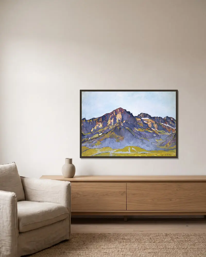 Les Dents Blanches vid Champéry i morgonsol av Ferdinand Hodler inramad på en vägg