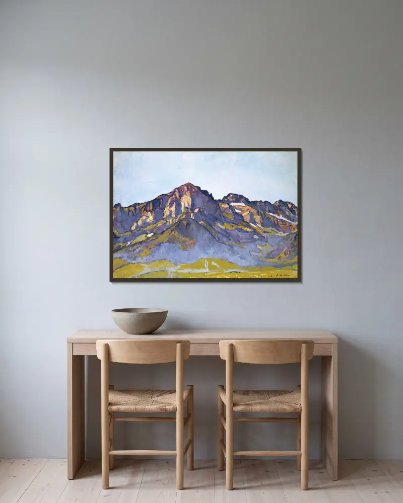 Les Dents Blanches vid Champéry i morgonsol av Ferdinand Hodler inramad på en vägg