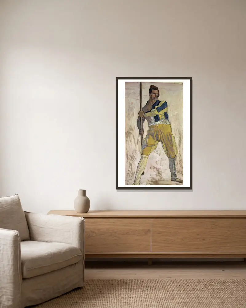 Krieger mit Hellebarde von Ferdinand Hodler gerahmt an einer Wand