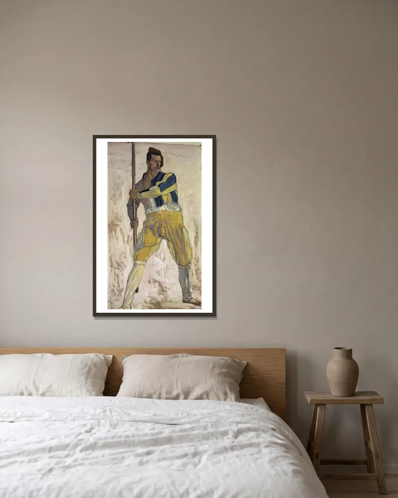 Krieger mit Hellebarde von Ferdinand Hodler gerahmt an einer Wand