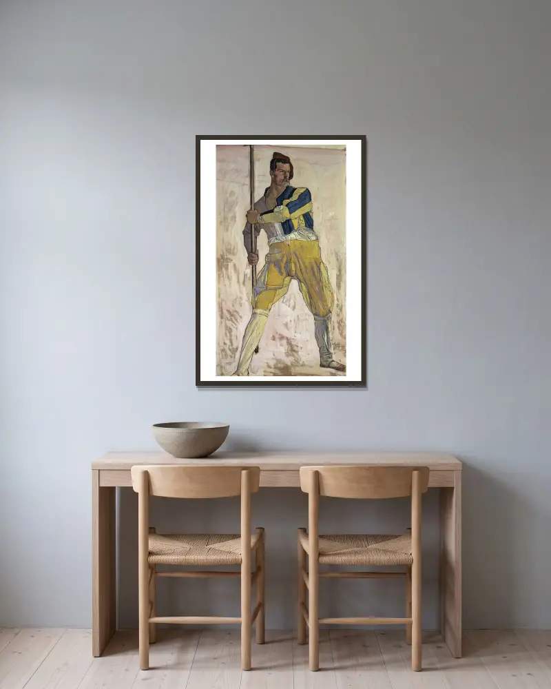 Krieger mit Hellebarde von Ferdinand Hodler gerahmt an einer Wand