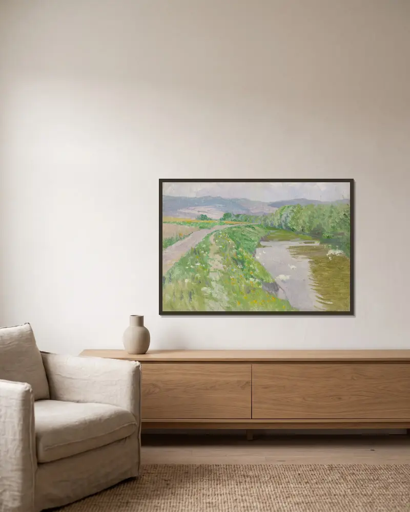 Landschaft mit Fluss von Ferdinand Katona gerahmt an einer Wand