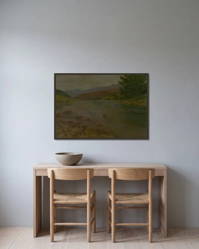 Am Flussufer von Ferdinand Katona gerahmt an einer Wand