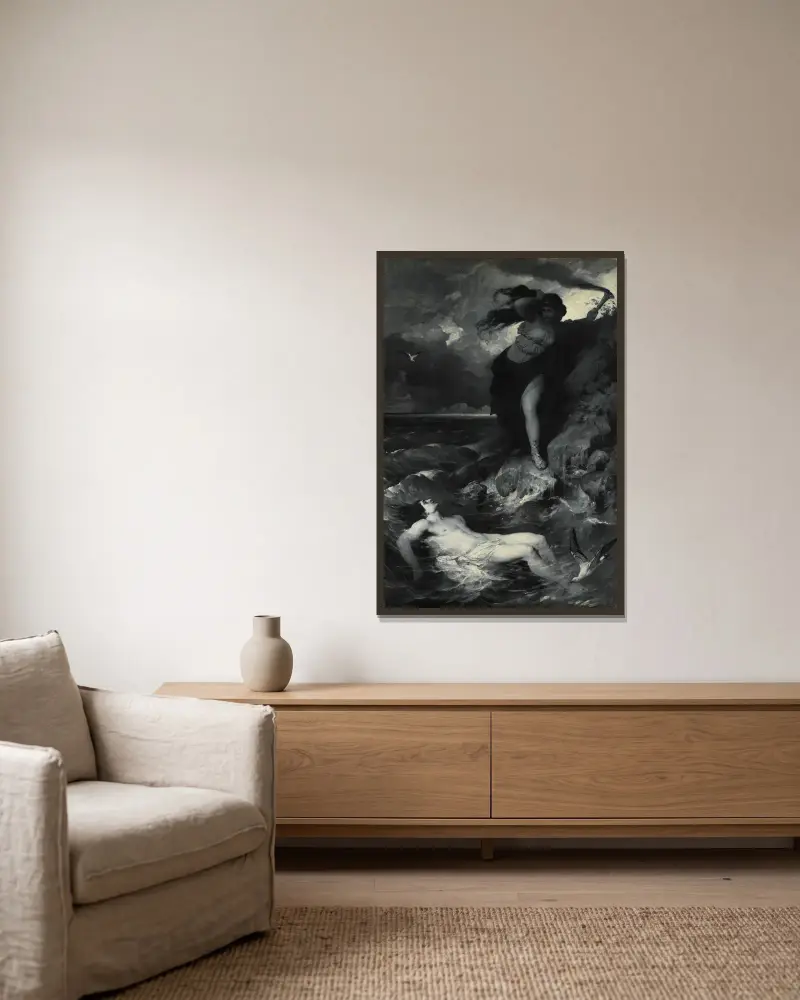 Hero and Leander av Ferdinand Keller inramad på en vägg