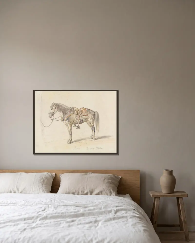 Studie eines gesattelten Pferdes von Ferdinand Keller gerahmt an einer Wand