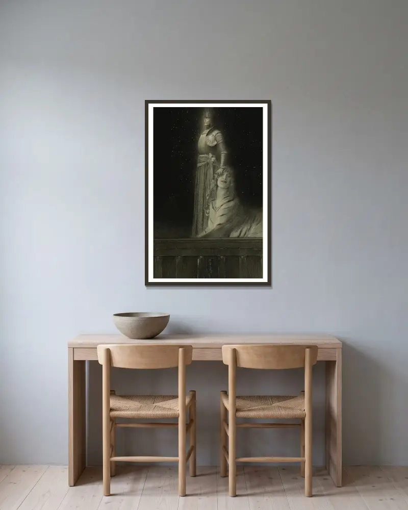 Avec Verhaeren. Un Ange av Fernand Khnopff inramad på en vägg