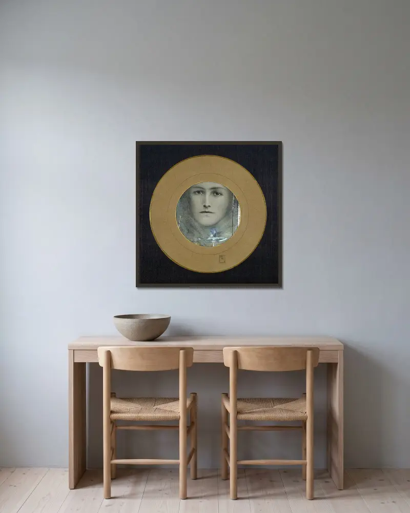 Bruna ögon och en blå blomma, 1905 – nr 2 av Fernand Khnopff inramad på en vägg