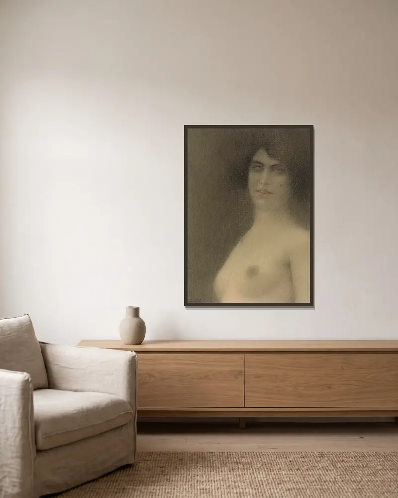 Schwarzes Haar (Der Engel des Bösen) von Fernand Khnopff gerahmt an einer Wand