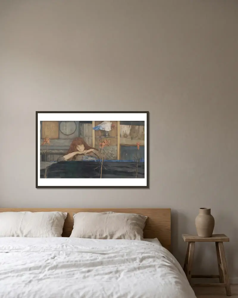 I lock my door upon myself av Fernand Khnopff inramad på en vägg