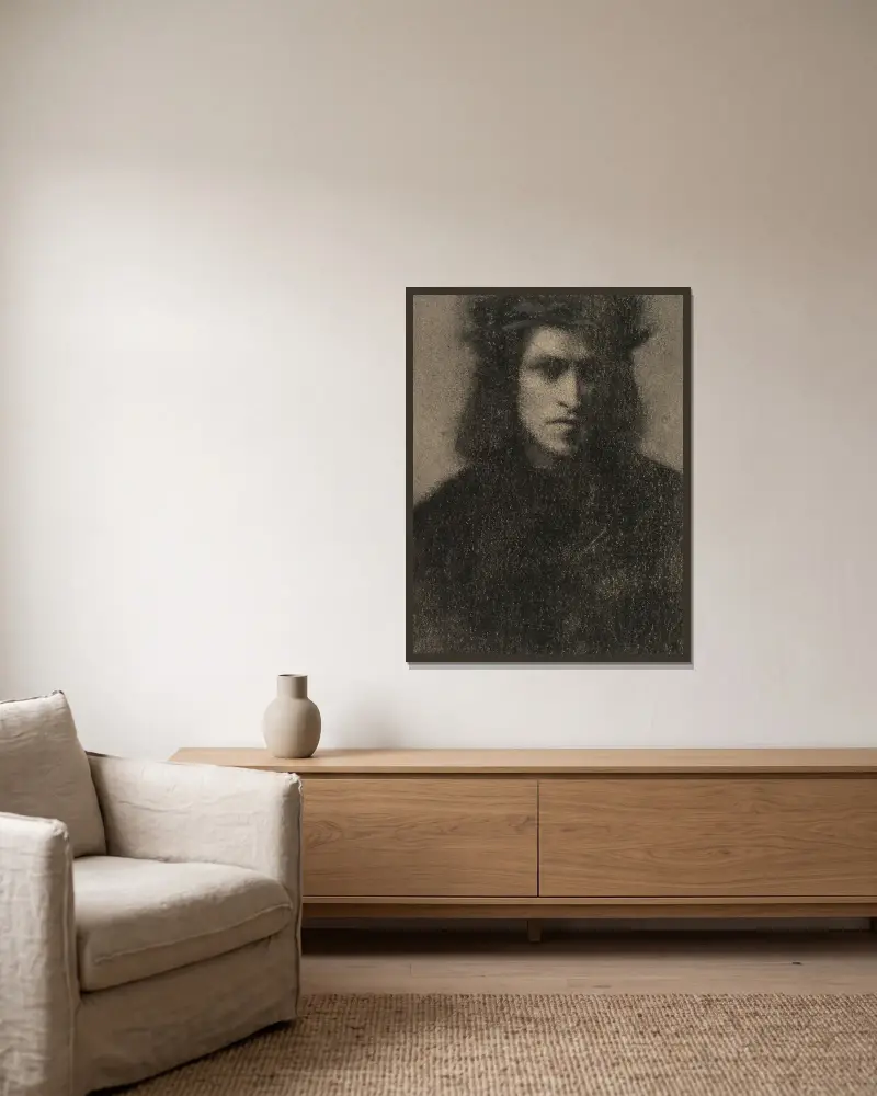 Ung man i renässansdräkt av Fernand Khnopff inramad på en vägg