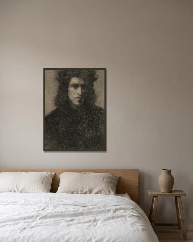 Ung man i renässansdräkt av Fernand Khnopff inramad på en vägg