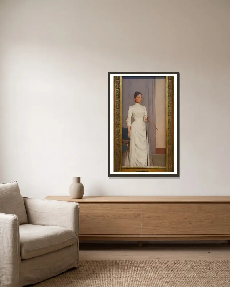 Porträtt av Madeline Mabille av Fernand Khnopff inramad på en vägg