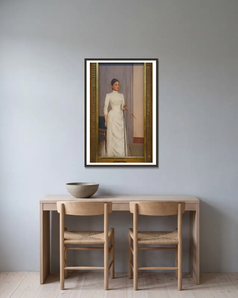 Porträtt av Madeline Mabille av Fernand Khnopff inramad på en vägg