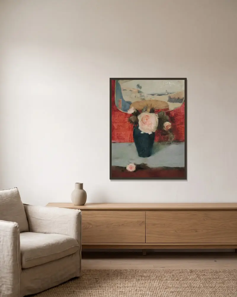Rosen und japanischer Fächer, Öl auf Leinwand von Fernand Khnopff gerahmt an einer Wand