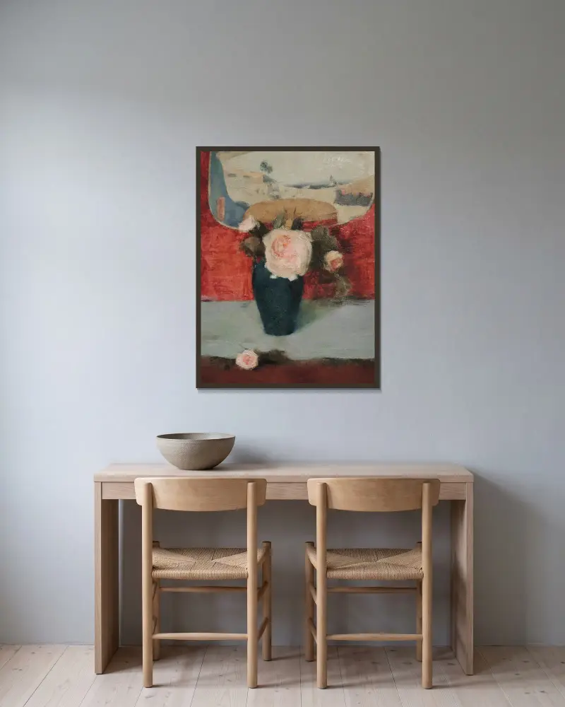 Rosen und japanischer Fächer, Öl auf Leinwand von Fernand Khnopff gerahmt an einer Wand