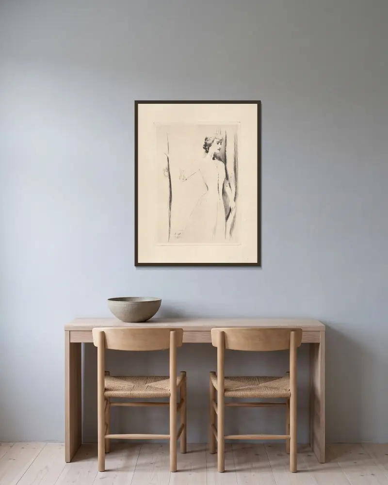 Der Vorhang von Fernand Khnopff gerahmt an einer Wand