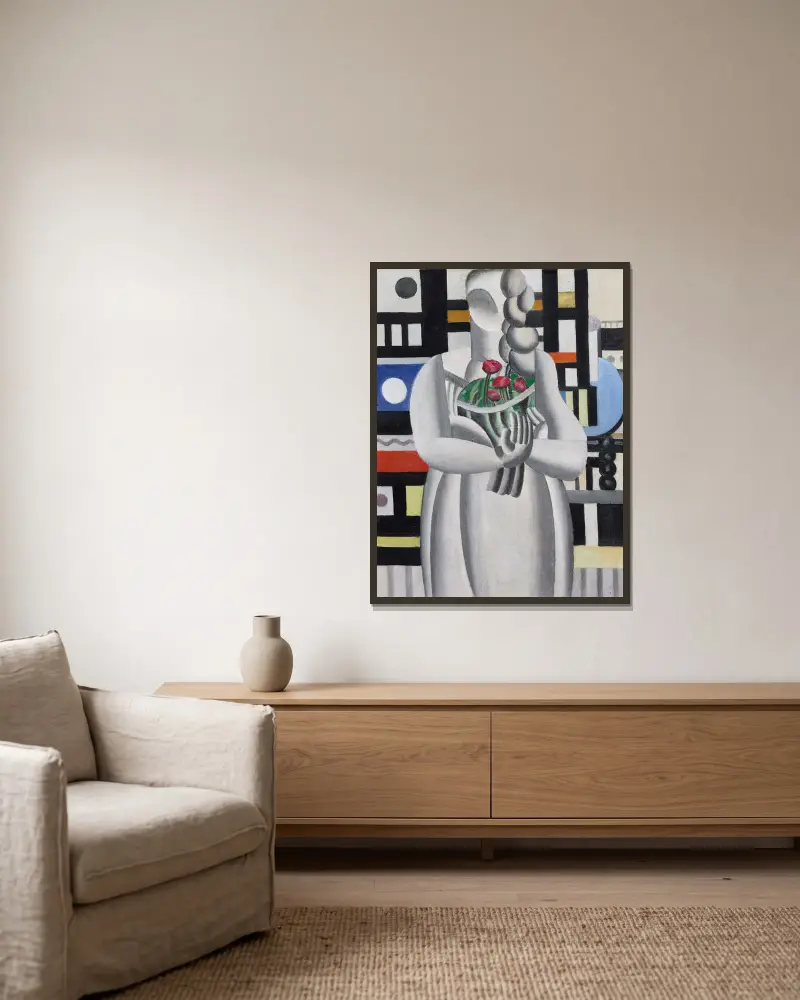 Ung flicka med bukett av Fernand Léger inramad på en vägg