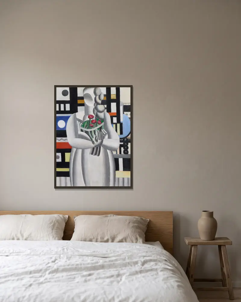 Ung flicka med bukett av Fernand Léger inramad på en vägg