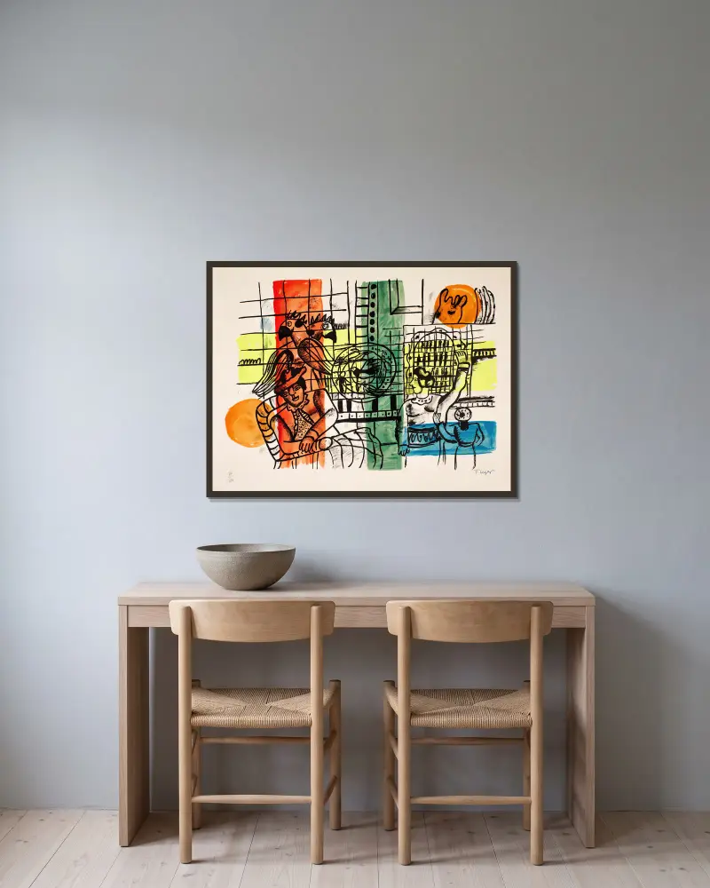 La Marchande D’Oiseaux (The Mechent of Birds) av Fernand Léger inramad på en vägg