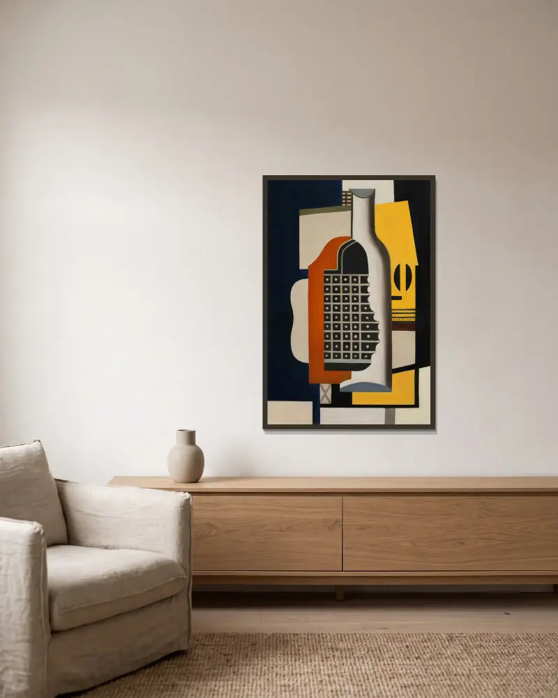 Nature morte à la bouteille av Fernand Léger inramad på en vägg