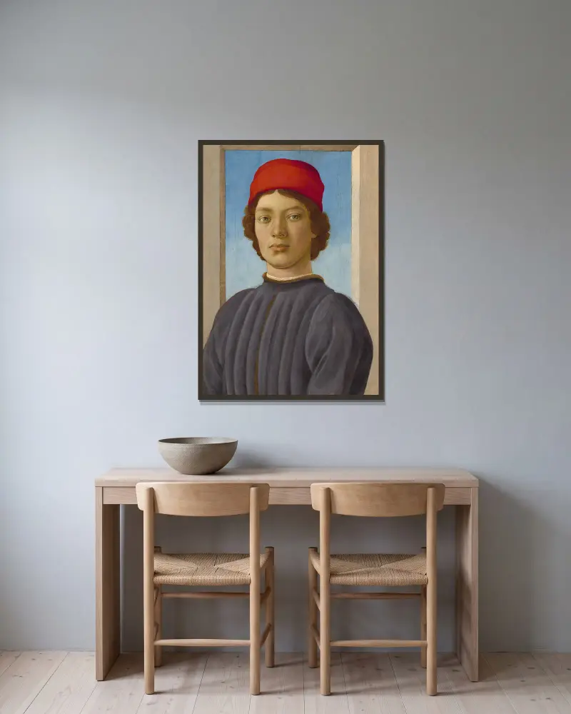 Porträtt av en ung man av Filippino Lippi inramad på en vägg