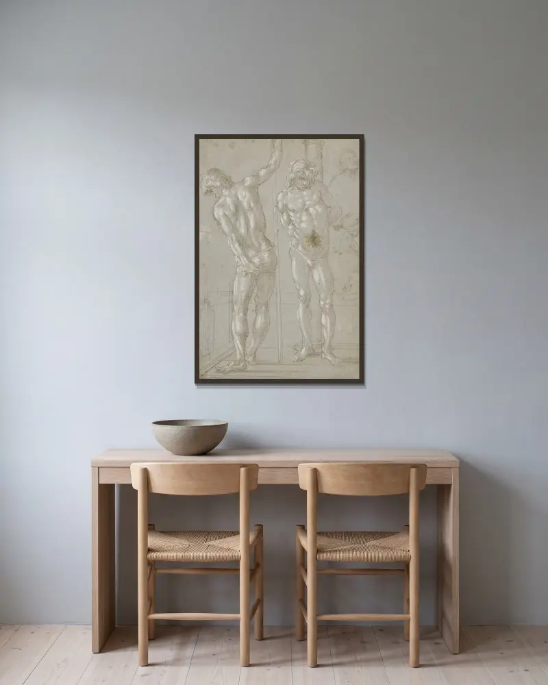 Studier av Kristus vid pelaren, en naken figur bakifrån och olika figurer av Filippino Lippi inramad på en vägg