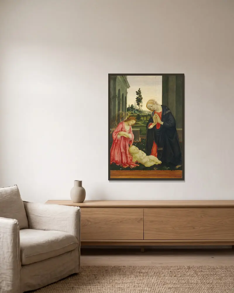 Tillbedjan av barnet av Filippino Lippi inramad på en vägg