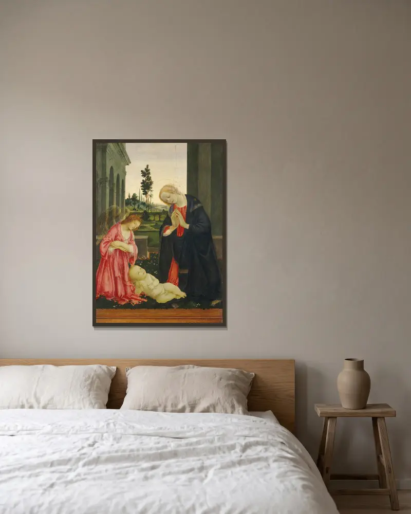 Tillbedjan av barnet av Filippino Lippi inramad på en vägg