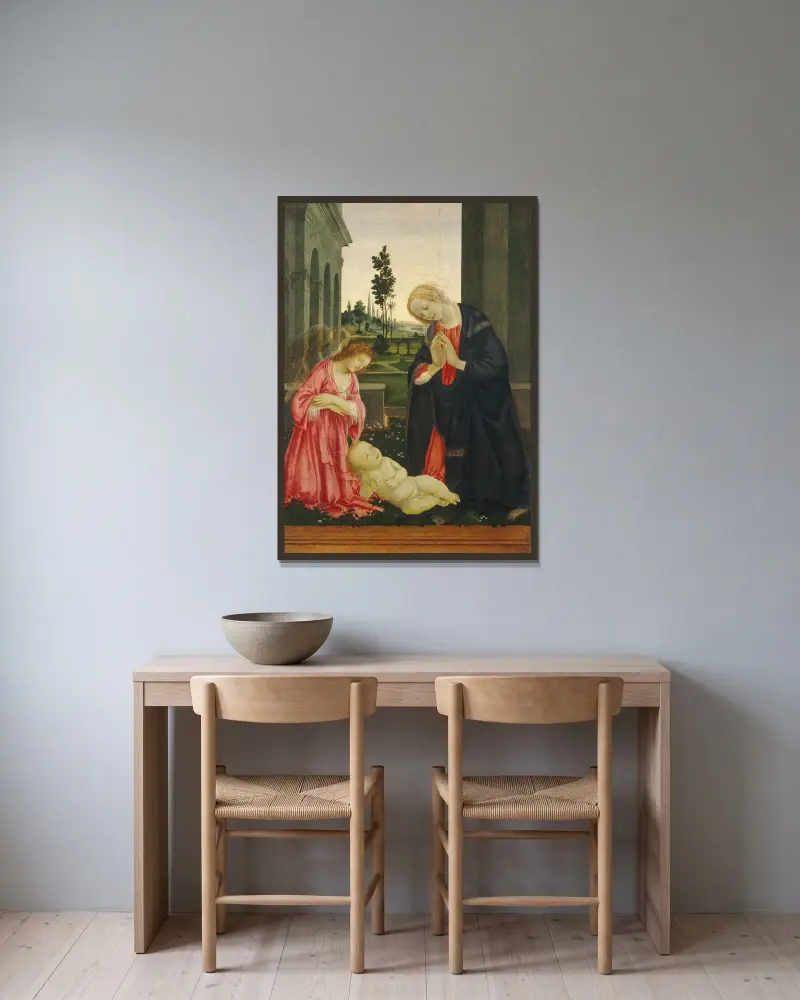 Tillbedjan av barnet av Filippino Lippi inramad på en vägg