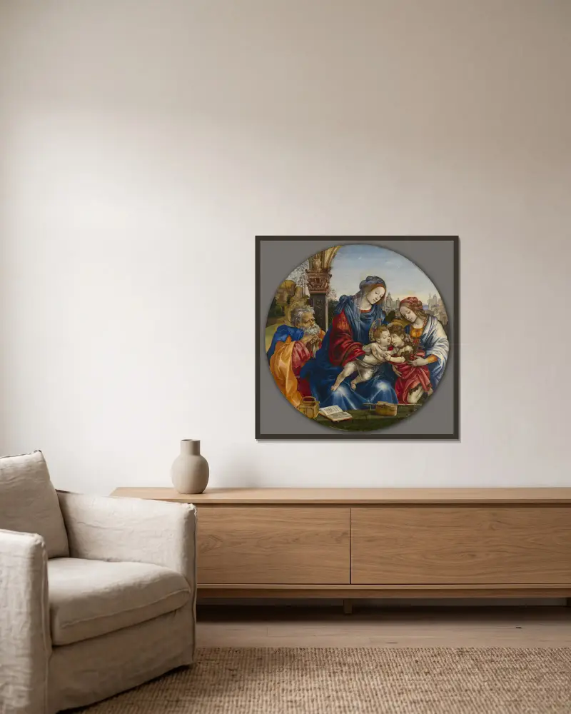 Die Heilige Familie mit Johannes dem Täufer und der heiligen Margareta von Filippino Lippi gerahmt an einer Wand