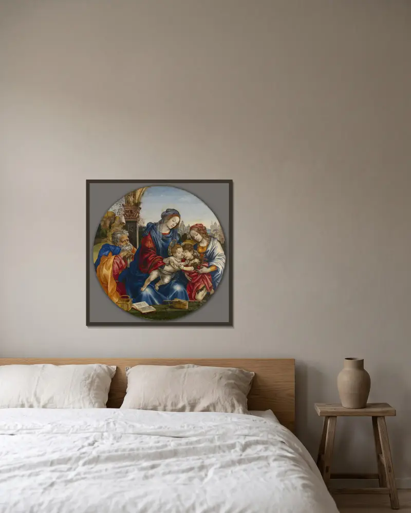 Die Heilige Familie mit Johannes dem Täufer und der heiligen Margareta von Filippino Lippi gerahmt an einer Wand
