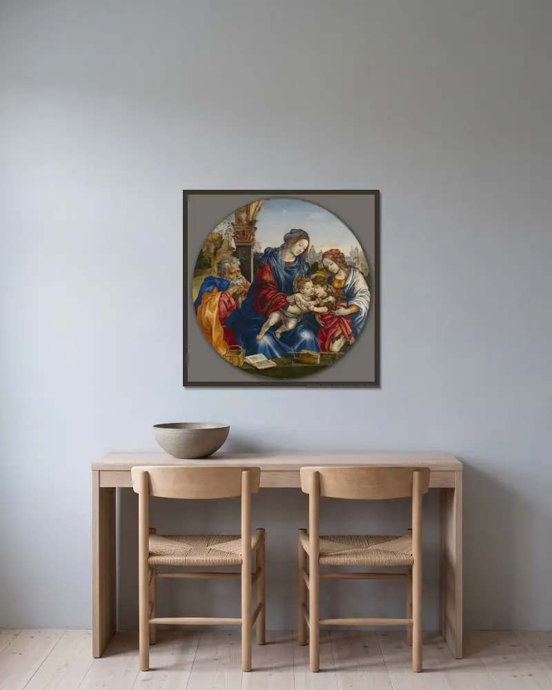 Die Heilige Familie mit Johannes dem Täufer und der heiligen Margareta von Filippino Lippi gerahmt an einer Wand