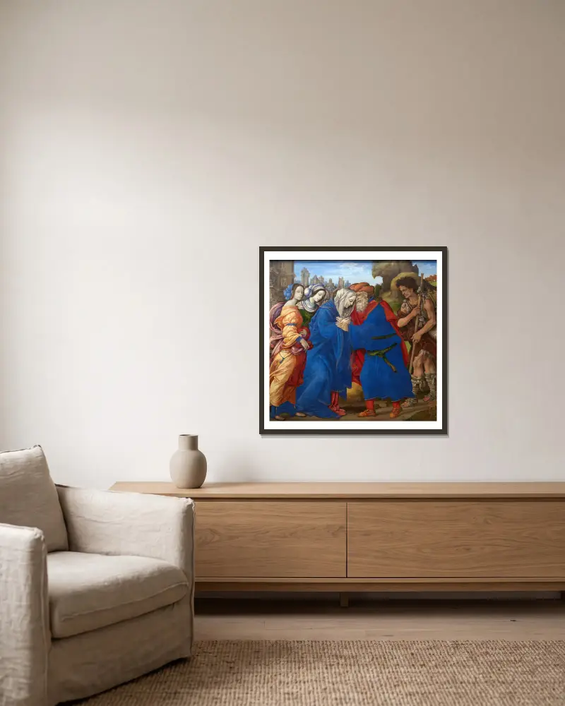 Die Begegnung von Joachim und Anna an der Goldenen Pforte von Filippino Lippi gerahmt an einer Wand