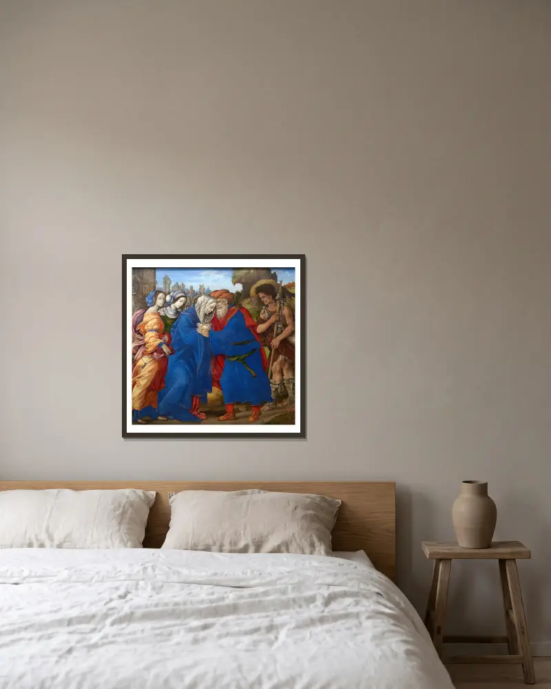 Die Begegnung von Joachim und Anna an der Goldenen Pforte von Filippino Lippi gerahmt an einer Wand