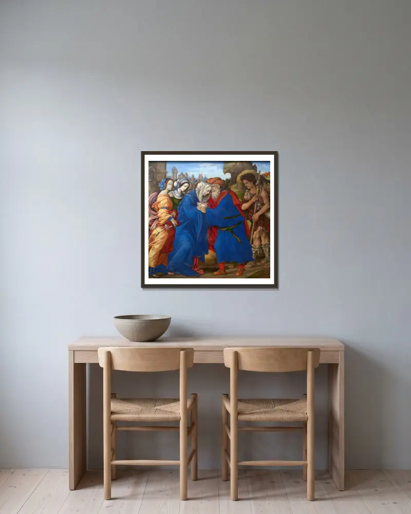 Die Begegnung von Joachim und Anna an der Goldenen Pforte von Filippino Lippi gerahmt an einer Wand