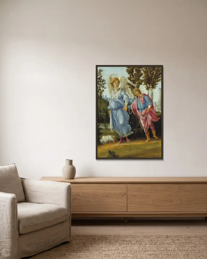 Tobias und der Engel von Filippino Lippi gerahmt an einer Wand
